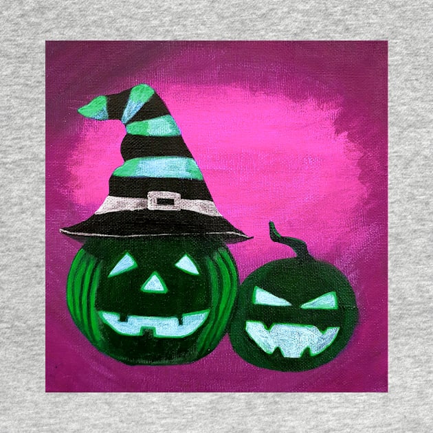 Two cute pumpkins wearing witches hat by LukjanovArt